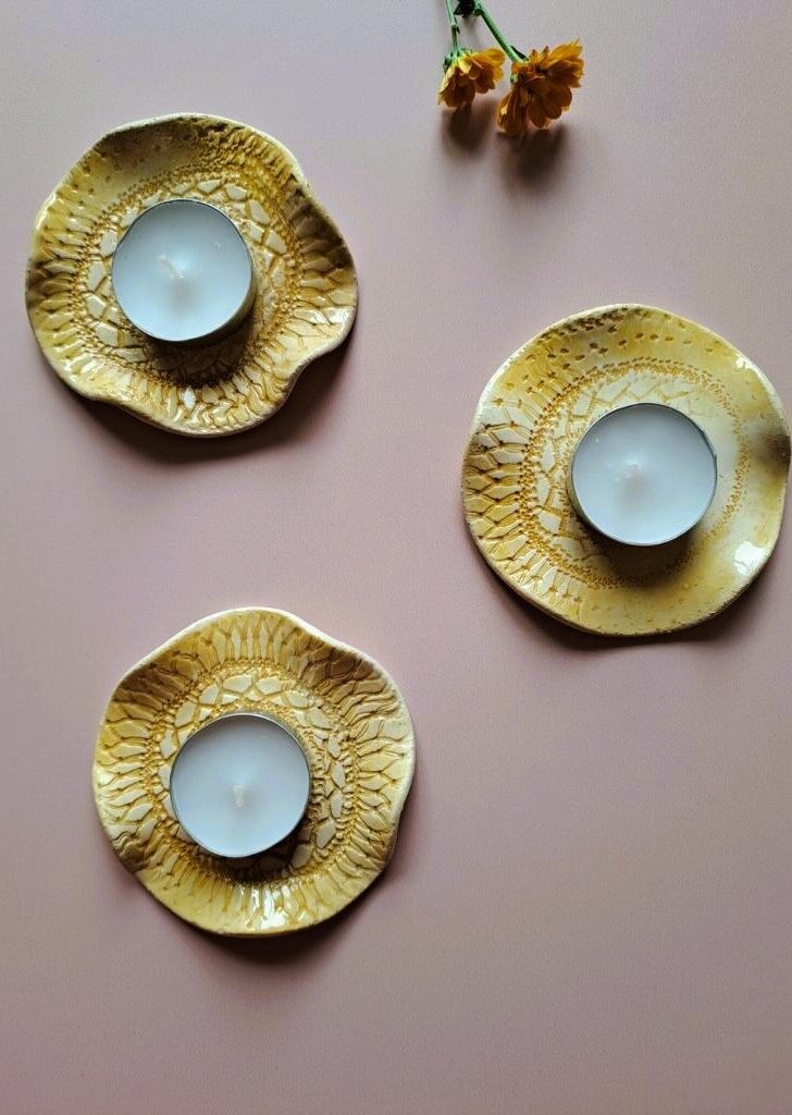 Photophore céramique dentelle jaune